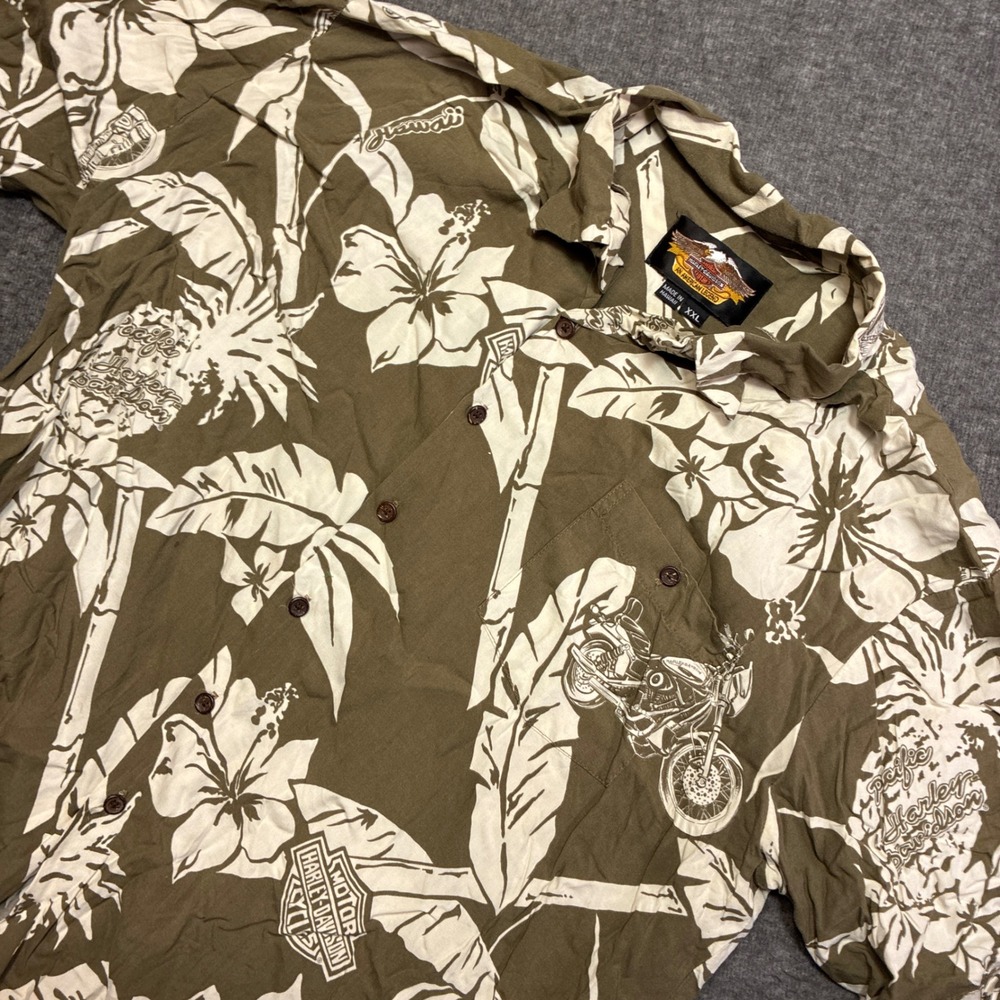 Vintage Harley-Davidson Hawaiian Shirt Men XXL Brown Tropical Floral USA MADE